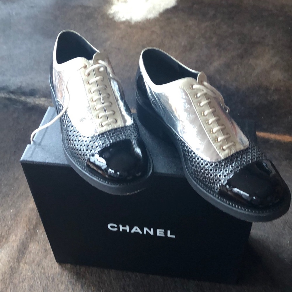 Authentic Chanel Silver:Black Patent (sz 40)